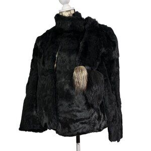 Black Fur Jacket Built in Tail Scarf + Pockets Hong Kong Womens SZ Small Flaw